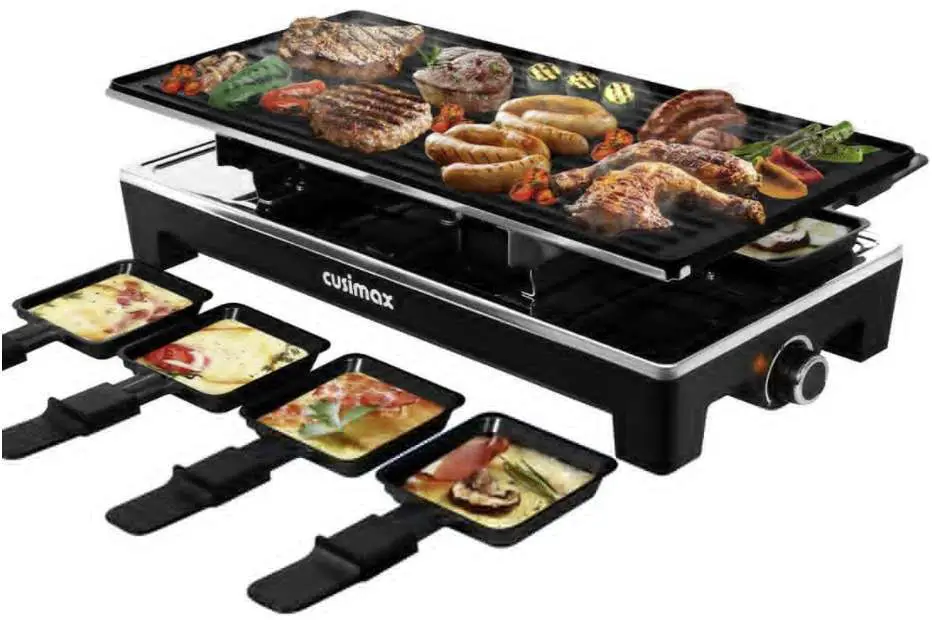 CUSIMAX Raclette Grill Electric Grill Table Portable 2 in 1 Korean BBQ Grill Indoor & Cheese Ractlette, Reversible Non-stick plate, Crepe Maker with Adjustable temperature control and 8 Paddles