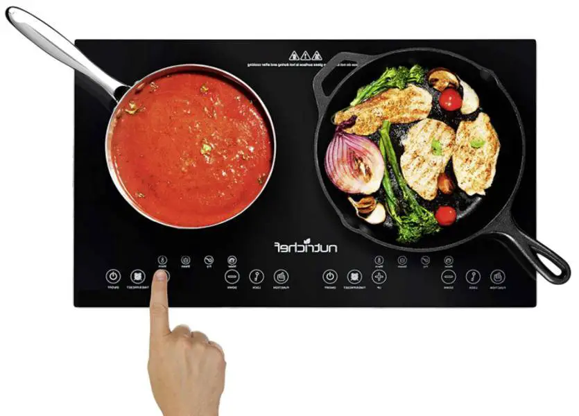 NutriChef Double Induction Cooktop 120V Portable Digital Ceramic Dual Burner w/Kids Safety Lock-Works with Flat Cast Iron Pan,1800 Watt,Touch Sensor, 12 Controls PKSTIND48