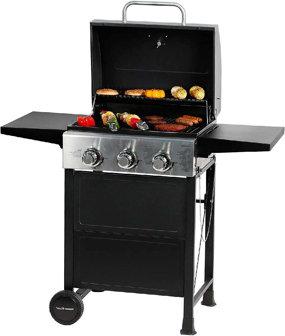 MASTER COOK 3 Burner BBQ Propane Gas Grill, Stainless Steel 30,000 BTU Patio Garden Barbecue Grill with Two Foldable Shelves