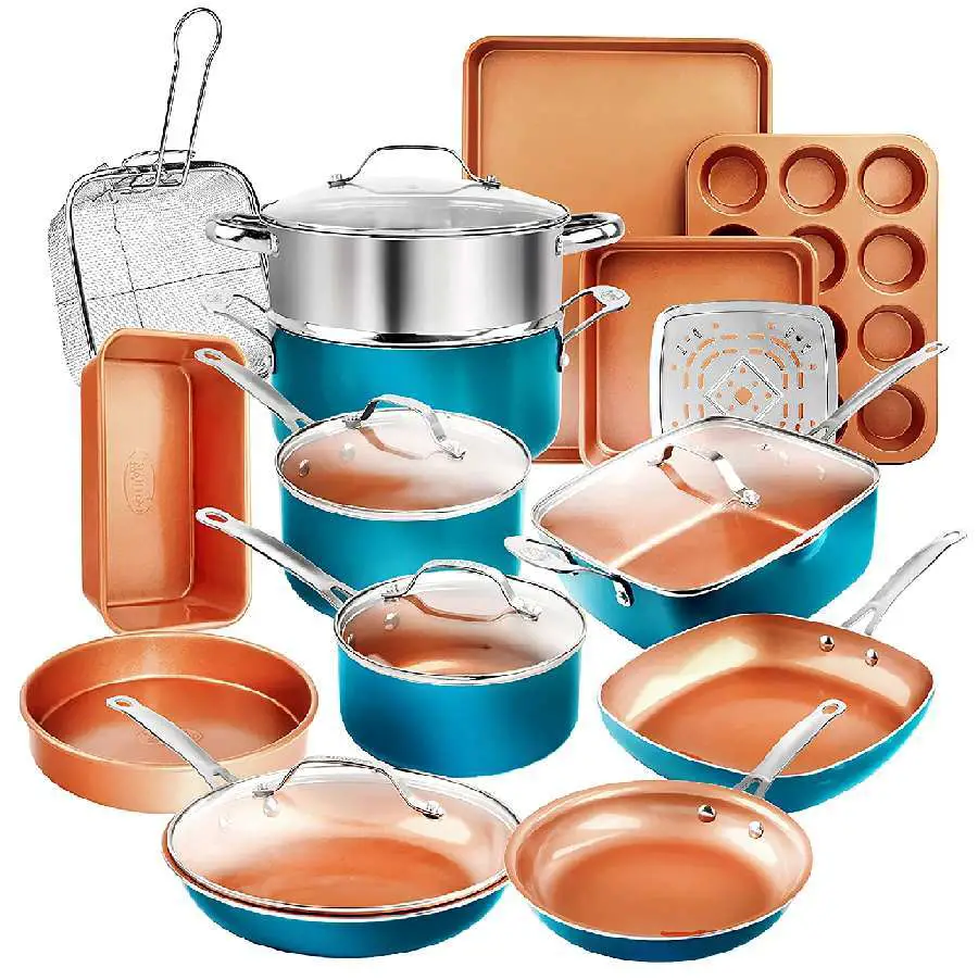 Gotham Steel Cookware + Bakeware Set with Nonstick Durable Ceramic Copper Coating – Includes Skillets, Stock Pots, Deep Square Fry Basket, Cookie Sheet and Baking Pans, 20 Piece, Turquoise