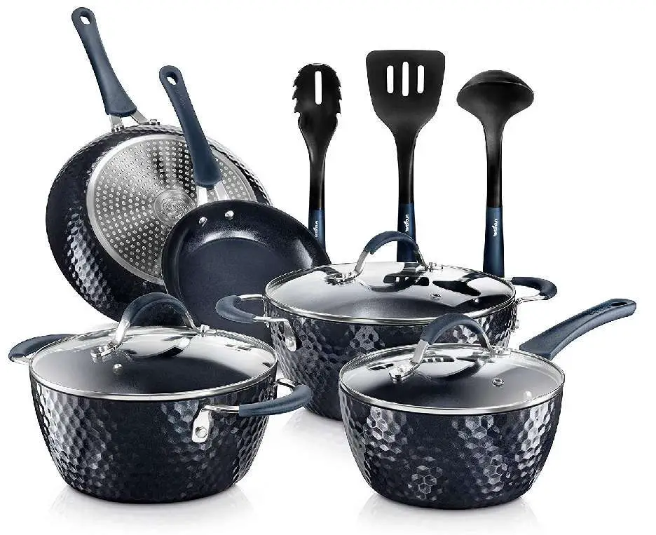 Nutrichef Nonstick Cookware Excilon Home Kitchen Ware Pots & Pan Set with Saucepan Frying Pans, Cooking Pots, Lids, Utensil PTFE/PFOA/PFOS free, 11 Pc, Blue Diamond